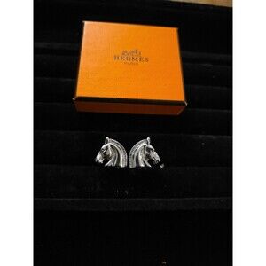 HERMES Horse Head Logo Earrings 2.6x2.7cm Silver Clip-On Authentic Item